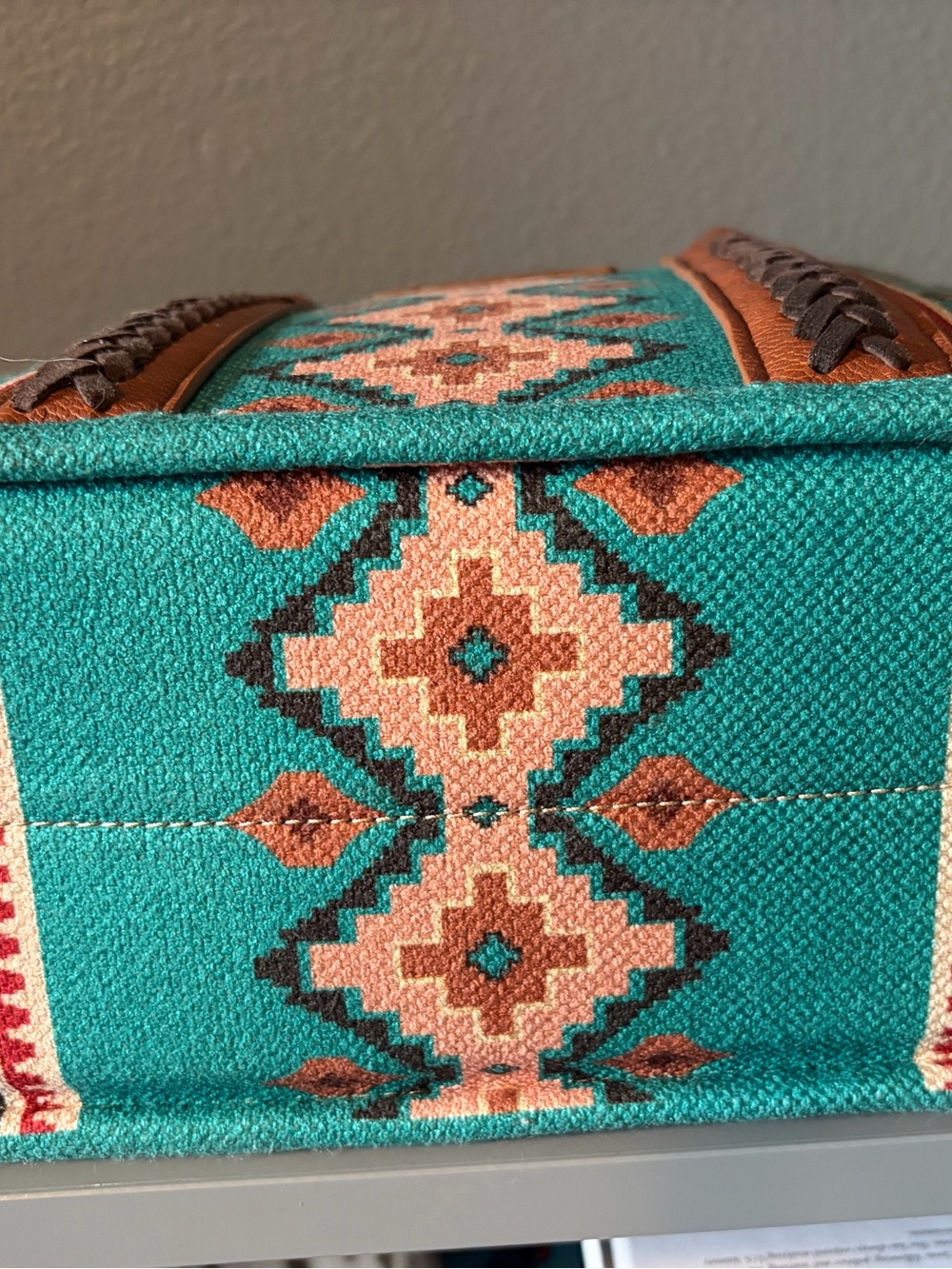 Wrangler Turquoise and Brown Southwestern Pattern Satchel with Embroidered Strap - Picture 6 of 6